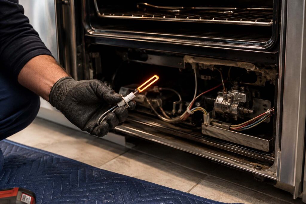 Technician holding a glowing Viking oven hot surface igniter beside an open oven bottom