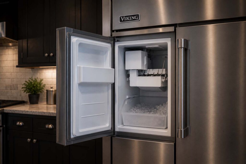 Empty ice bin inside a Viking built-in freezer with the ice maker feeler arm raised Inline
