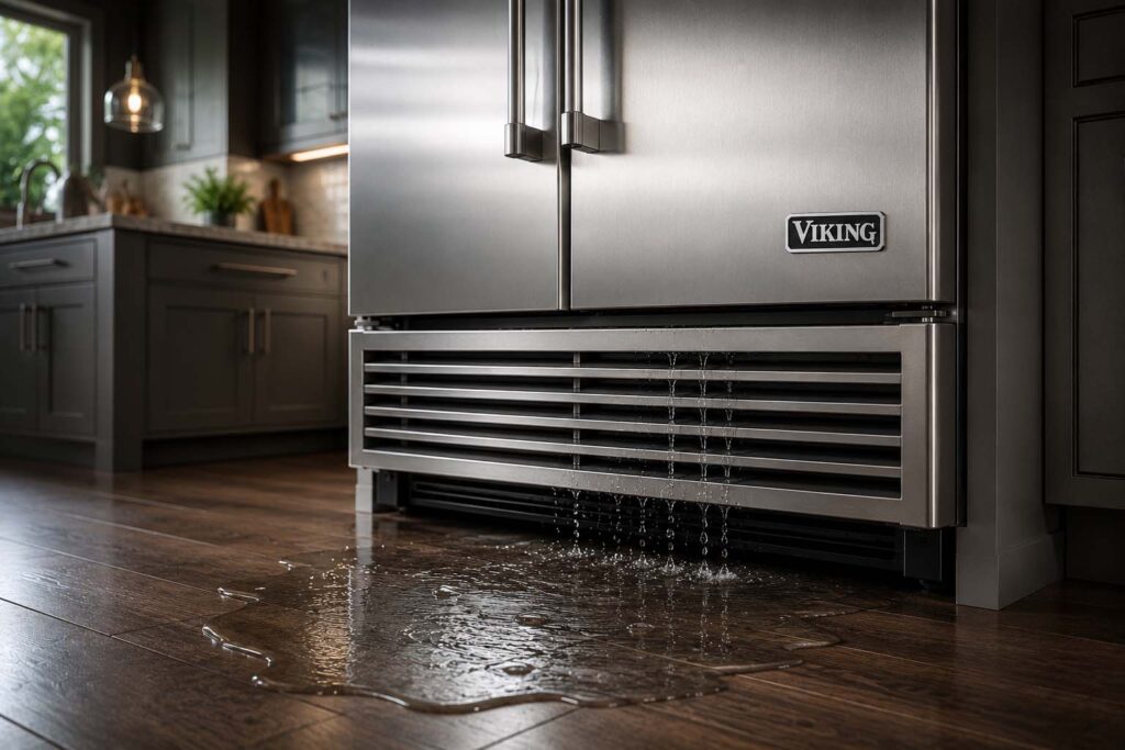 Water pooling on the kitchen floor at the base of a built-in Viking refrigerator Inline
