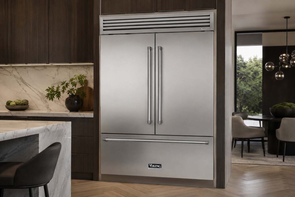 Viking Professional built-in stainless steel refrigerator installed in a modern luxury kitchen with wood cabinets, marble countertops, and ambient lighting