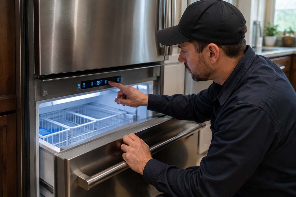 Technician checking the temperature display on a Viking freezer that is not freezing