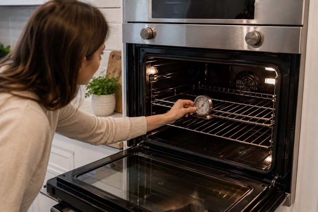Home cook checking an oven thermometer inside a Viking wall oven with the door open
