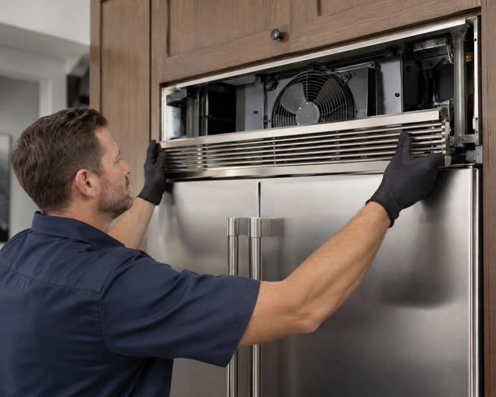 Technician checking the condenser fan behind the top grille of a built-in Viking refrigerator