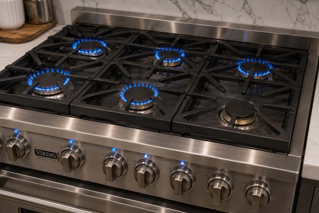 Viking professional gas range with one front burner not lighting while others burn blue
