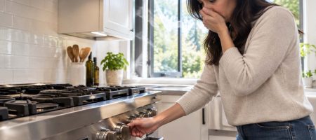Homeowner switching off a Viking gas range knob after smelling gas, kitchen window open behind them