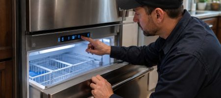 Technician checking the temperature display on a Viking freezer that is not freezing