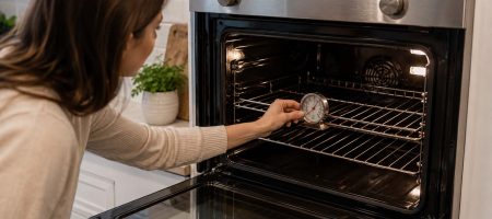 Home cook checking an oven thermometer inside a Viking wall oven with the door open