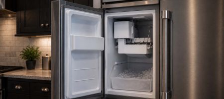 Empty ice bin inside a Viking built-in freezer with the ice maker feeler arm raised Inline