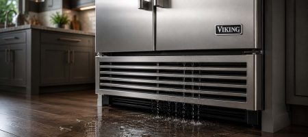 Water pooling on the kitchen floor at the base of a built-in Viking refrigerator Inline