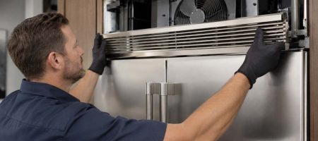 Technician checking the condenser fan behind the top grille of a built-in Viking refrigerator