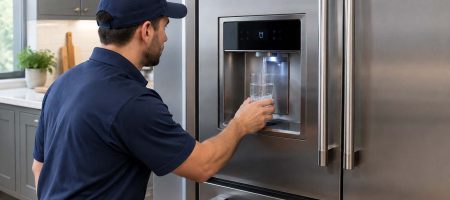 Viking built-in refrigerator with a through-the-door water dispenser being tested by a technician holding a glass
